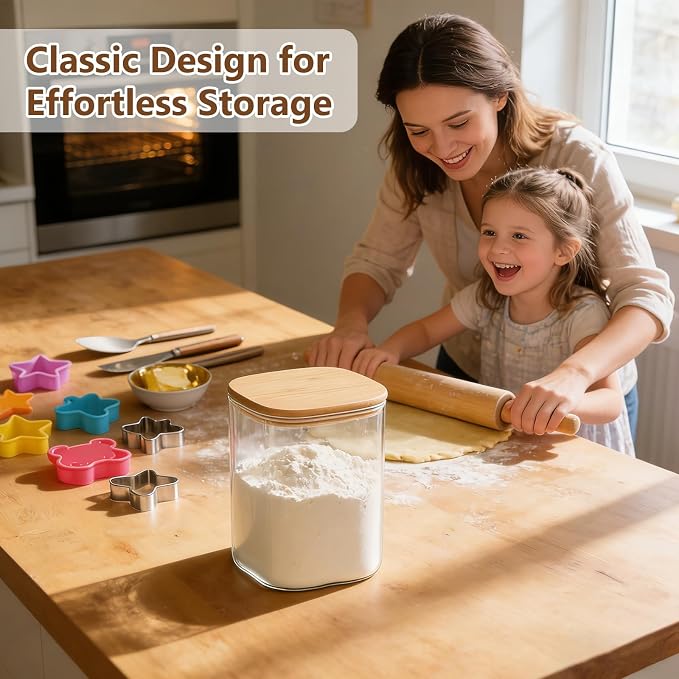 KEYWING 115oz Square Glass Storage Containers with Lids for Flour, 2 Pack | Large Airtight Glass Jar with Bamboo Lids for Sugar, Rice, Cereal, Pasta & Coffee Beans