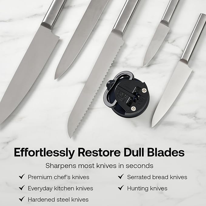 AnySharp – Editions – Hands Free Knife Sharpener - Easy to Use Sharpening Tool with PowerGrip Suction Base and 20-Degree Pre-Set Angle - for All Knives: Chef's, Serrated, and Hardened Steel - Navy