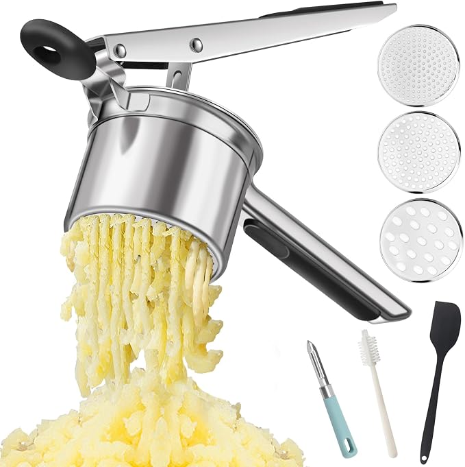 Potato Ricer, Heavy Duty Stainless Steel Potato Masher and Ricer for Mashed Potatoes, Kitchen Gadget for Mashed Potatoes with 3 Interchangeable Discs