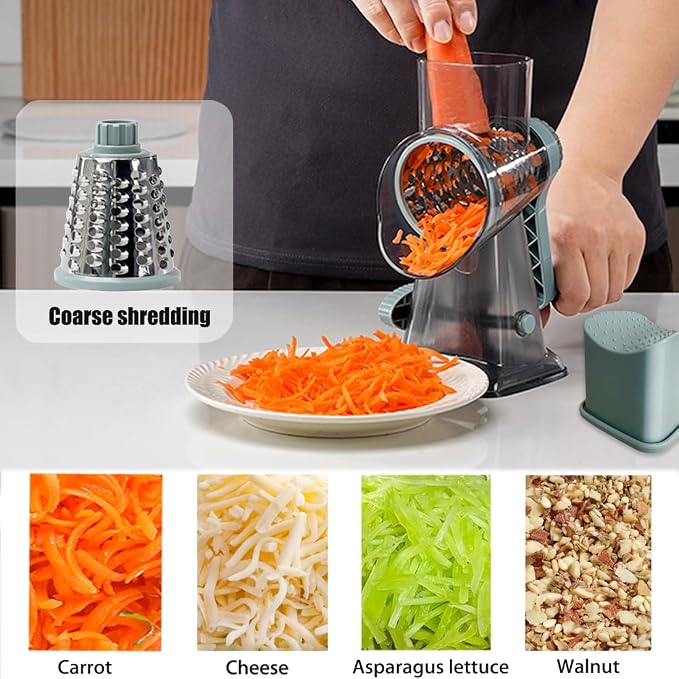 Rotary Cheese Grater Shredder with Handle Handheld Round Mandoline Vegetable Slicer Carrot Shredder Nut Grinder with 3 Replaceable Stainless Steel Drum Blades and Upgrade Strong Suction, Grey/Cyan