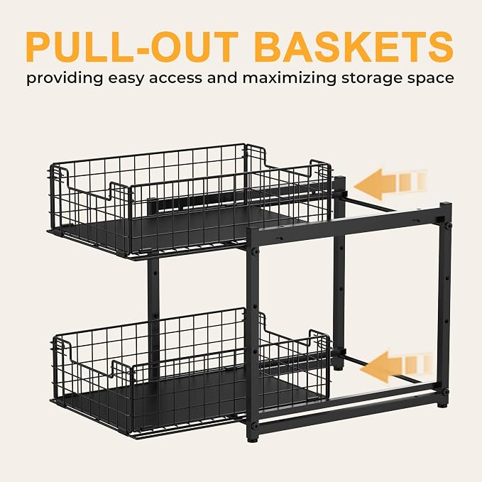 Under Sink Organizer, 2-Tier Pull Out Cabinet Organizer, Kitchen Bathroom Organizer and Storage, Spice Rack for Kitchen, Multi-use Sliding Drawers Shelves (1, Black)