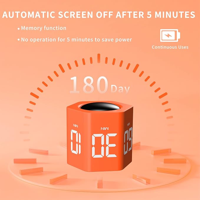 Productivity Timer 1, 5, 10, 30, 60 Minutes Preset, Desk Cube Timer with Gravity Sensor/Mute/Vibration for ADHD, Work, Study, Kitchen, Back to School (Luxe Orange)