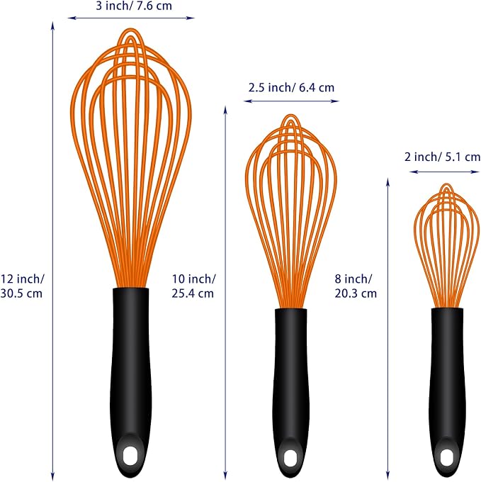 OYV Dishwasher Safe Orange Silicone Whisk, Sealed Waterproof Design Set of 3, Professional Kitchen Whisks for Cooking Non-Scratch, Silicone&Stainless Steel Whisk, Heat Resistant Plastic wisk, BPA free