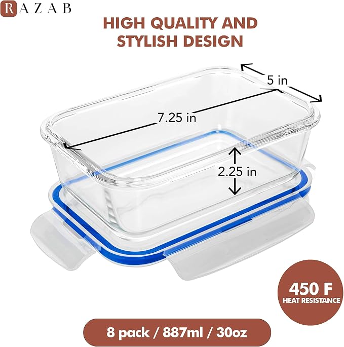 Razab 16 Pc (Set of 8) 30 Oz Glass Meal Prep Containers with Lids, Airtight Large Glass Food Storage Containers, Reusable Leak Proof BPA Free, Freezer to Oven and Dishwasher Safe
