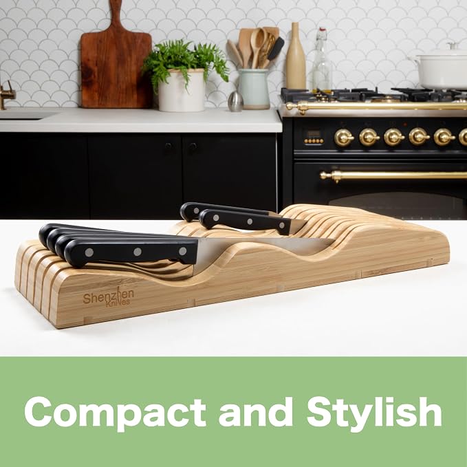 Shenzhen Knives Large In-Drawer Bamboo Knife Block: 11 Slot (Holds 10-12 Knives) Empty Wooden Knife Holder for Kitchen Drawers - Cutlery Tray Organizer & Storage