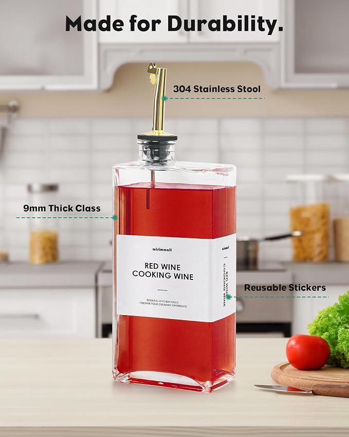 WISIMMALL Olive Oil Dispenser For Kitchen, Glass Oil Bottle 500ML Oil And Vinegar Dispenser Set Of 4 with 4 Stainless Steel Pourers & 44 Labels, Soy Sauce Dispenser, Coffee Syrup Bottles