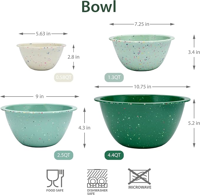 Confetti Melamine Mixing Bowls Set, 4 Piece Nesting BPA free Green | 4-Piece Kitchen Serving Bowls (18oz, 1.25QT, 2.5QT, 4QT) dishwasher safe, stackable and space-saving.