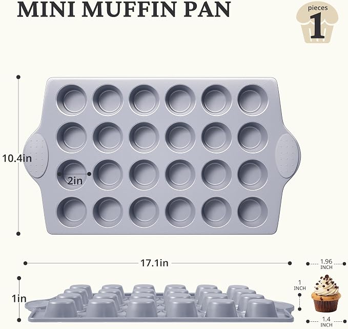 BRONYPRO 24-Cup Non Toxic Nonstick Ceramic Mini Muffin Pan & Cupcake Tin, PFOA & PFOA Free, Heavy Duty Rust-Resistant Aluminized Steel, Oven & Dishwasher Safe, Light Gray