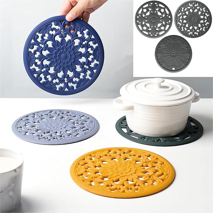 Silicone Trivets - Silicon Mats for Hot Pots and Pans, Multi-Use Carved Hot Pads, Flexible Modern Kitchen Table Mat, Heat Resistant Round Teapot Coaster Set of 3 Black