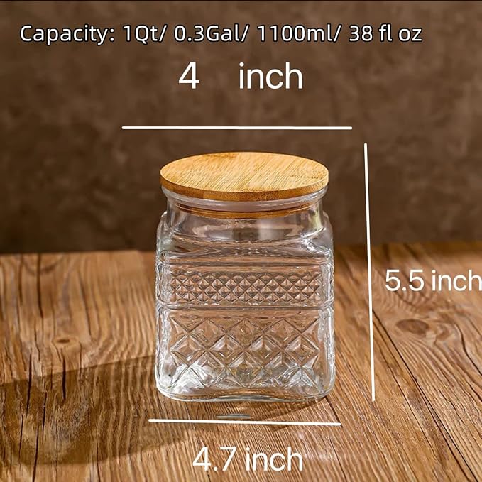 38 FL OZ Glass Storage Jar with Vintage Pattern and Airtight Lid,Square | Kitchen Pantry Coffee bar Canister for Coffee Sugar Cereal Nut Candy, Airtight Bamboo Lid, Thick Glass,Wide Mouth Opening