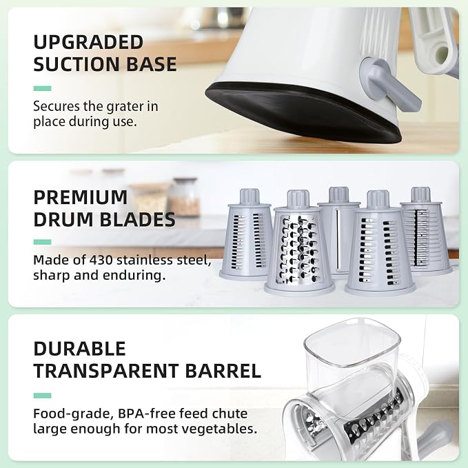 5 in 1 Rotary Cheese Grater, Manual Hand Crank Cheese Grater With Reinforced Suction & 5 Interchangeable Blades, Multifunctional Cheese Shredder, Easy to Use and Clean, White