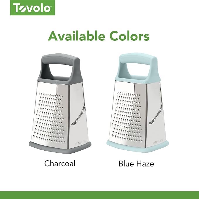 Tovolo Box Grater 4 Sided Large Stainless Steel Cheese Grater for Shredding Vegetables and Zesting, Easy to Clean Dishwasher Safe Box Grater with Ergonomic Handle and Non Slip Base, Blue Haze