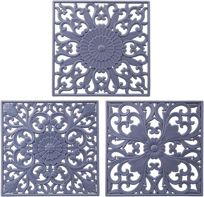 Trivets for Hot Dishes, Square Silicone Trivet Hot Pads for Kitchen Counter, Silicone Trivets for Hot Pots and Pans, Heat Resistant Mat for Quartzs, Kitchen Tabletops Pot Holder Set 3 Grey