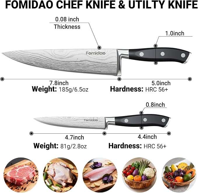 2PCS Chef Knife Set, Razor Sharp Japanese Kitchen Knife Set, High Carbon Steel Damascus Pattern Chef's knives, Cooking Knife with Full Tang Handle Design for Home Kitchen