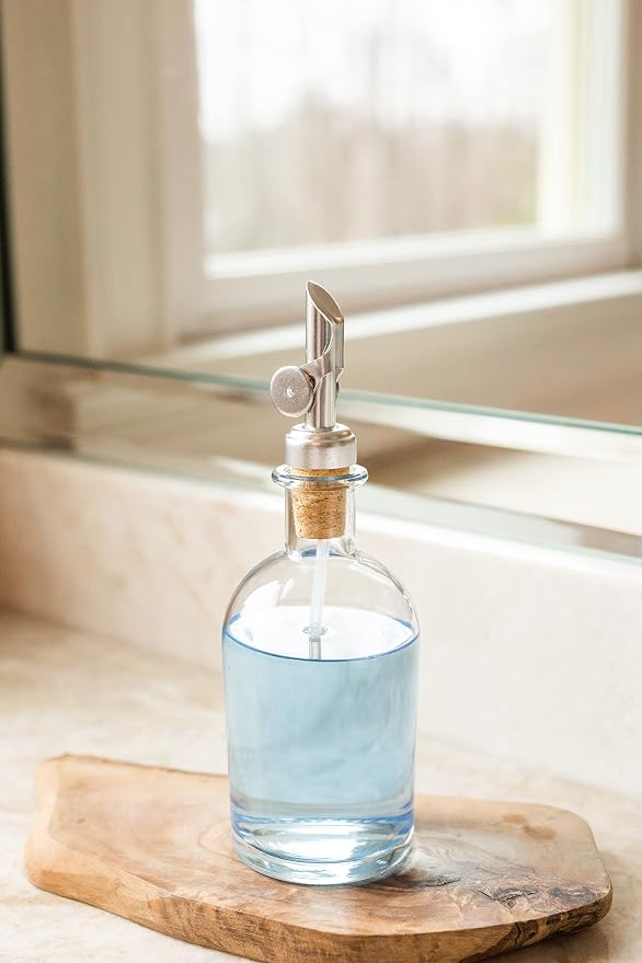 Rail19 Small Clear Glass Mouthwash Dispenser with Metal Pour Spout | Cooking Oil and Vinegar Dispenser - Perfect for The Bathroom, Kitchen and Tabletop, 8oz (Silver)