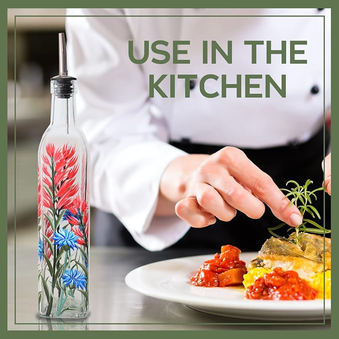 17oz Hand Painted Glass Olive Oil Bottle - 500ml Green Oil & Vinegar Cruet with Pourers - Olive Oil Carafe Decanter for Kitchen (Red and blue flower)
