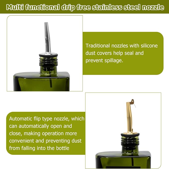 R DRURLCD 2 Pack UV-Protected Green Glass Olive Oil Dispenser Bottle Set,17 oz Curved Oil and Vinegar Stainless Steel Pourers,Funnel,Labels, Soy Sauce, Coffee Syrup Bottles for Kitchen