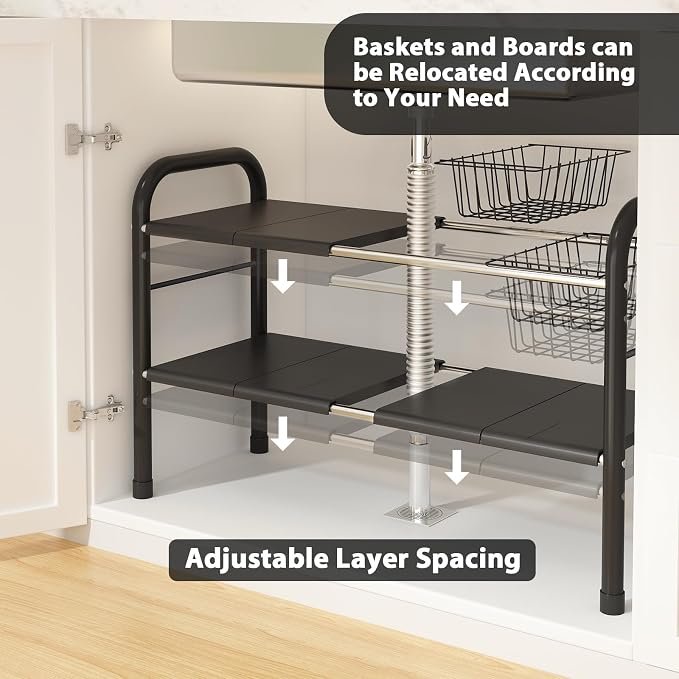 Expandable Under Sink Organizer, 2 Tier Under Sink Shelf | With 2 Removable Baskets and 6 Removable Panels, For Cabinet Sink Cloakroom Wardrobe Closet Storage, Black, 17.71”-32”Length