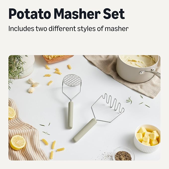 Amazon Basics Potato Mashers, 2-Piece Set, Stainless Steel, Soft Grip Handle, Dishwasher-Safe, Linen Gray
