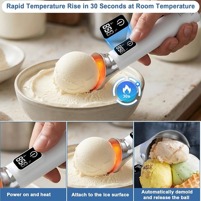 Rechargeable Heated Ice Cream Scoop, LED Display Real-Time Temperature & Battery, 5000mAh Electric Ice Cream Scoop, 158°F Fast Heating IP67 Waterproof with Bee Bracket, Ideal for Hard Frozen Desserts