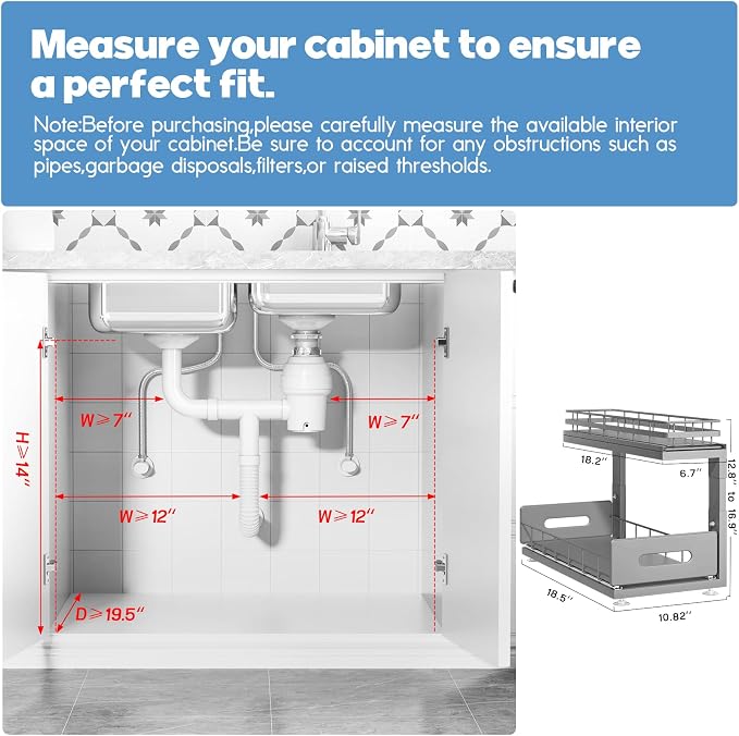Under Sink Organizer Upgrade To Professional Rails,2-Tier Dual Pull Out Cabinet Storage,Height Adjustable Slide Out Drawers For Bathroom Kitchen,2 Pack-18.5"Dx12.8"-16.9"H,Gun Gray