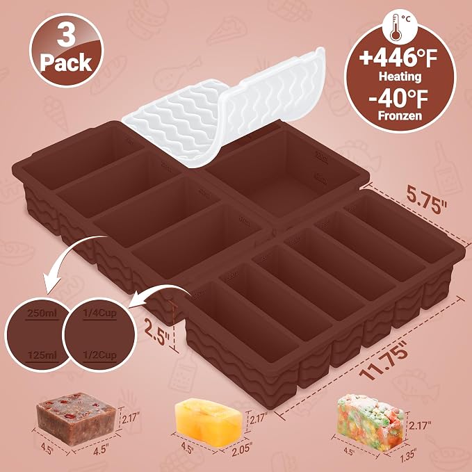 3-Pack Silicone Freezer Trays with Lid,2 Large 2-Cup(500ml)&4 Medium 1-Cup(250ml)&6 Small 1/2-Cup(125ml) Soup Freezer Container Molds,Ice Cube Tray For Meal Prep&Freezing Soup,Stews,Sauces (Iron Red)