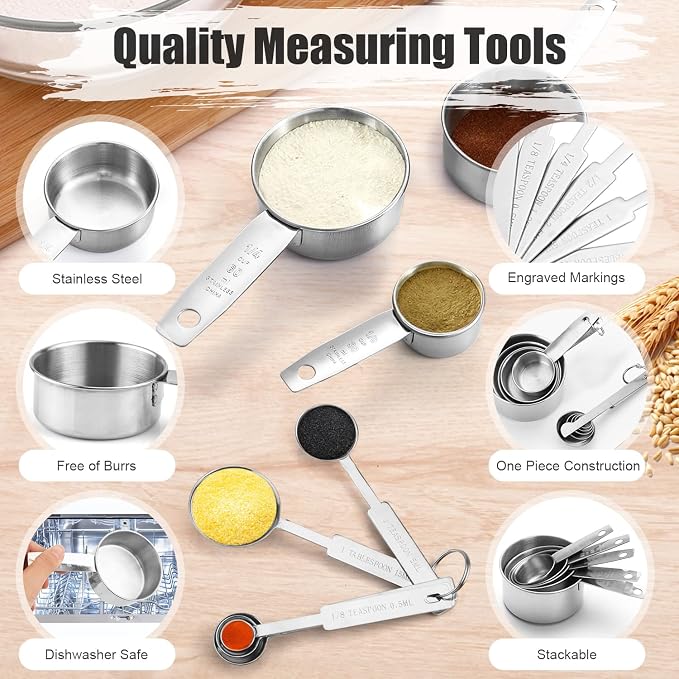 11 PCS Stainless Steel Measuring Cups Spoons Set, 5 Nesting Cups and 5 Stackable Spoons with 1 Leveler Measuring Tools Set for Dry Liquid Ingredients Cooking Baking
