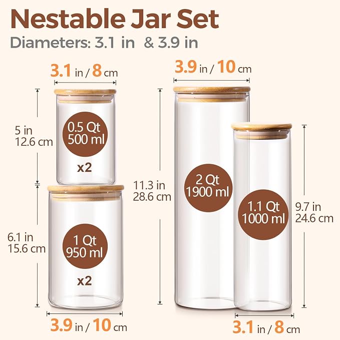 ComSaf Glass Storage Jars 6 Pack, Pasta Containers, Pantry Organization | Tall Glass Jar, Storage Containers Set of 6 (2Qt/1.1Qt/1Qt*2/0.5Qt*2), Kitchen Canisters, Pantry Storage, Spaghetti, BPA Free