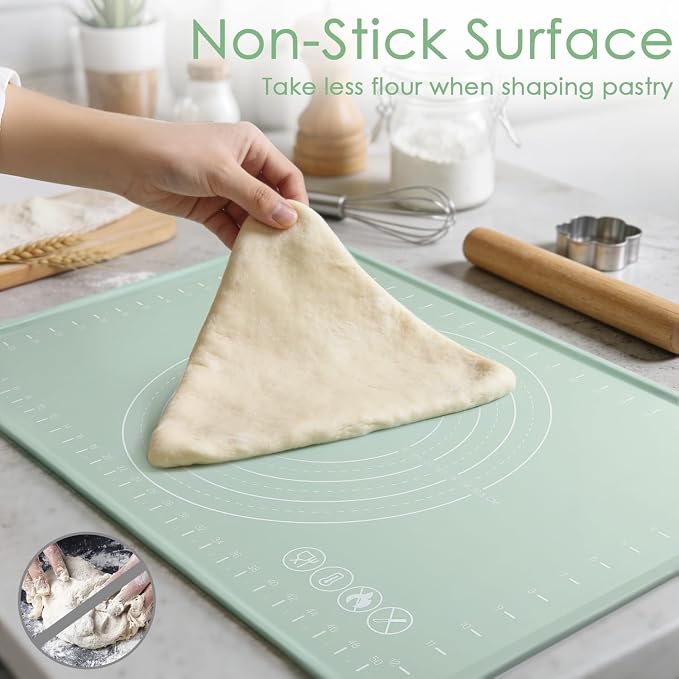 Silicone Pastry Mat, Non Slip Dough Mat with Measurements and Raised Edges, Food Grade Silicone Countertop Baking Mat for Rolling Dough, Kneading Bread, Cookies, Pizza, Pie Crust