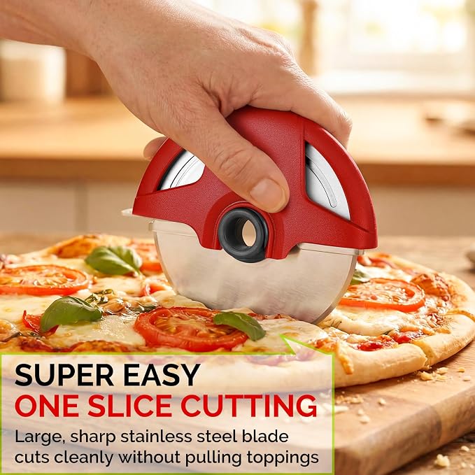 UHIYEE Palm-Grip Pizza Cutter Wheel with Protective Blade Guard, 4.3" Detachable Stainless Steel Pizza Slicer for Deep Dish Crusts, Easy Cleaning, Red