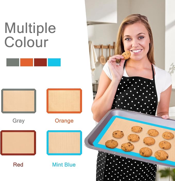 Silicone Baking Mat Set of 3, Non-Stick 2 Half & 1 Quarter Sheets | Dishwasher Safe, Reusable Baking Supplies for Cookies, Bread, Pastries & Dough, Mint Blue