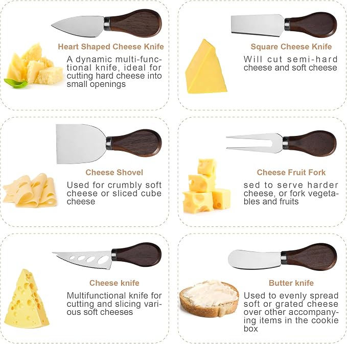 Cheese Knife Set, 6 Pcs Charcuterie Board Accessories - Cheese Knife, Spreader, Fork, Slicer, Cheese Cutter, Butter Knife, Stainless Steel Cheese Knives for Housewarming Gift (Walnut Handle)