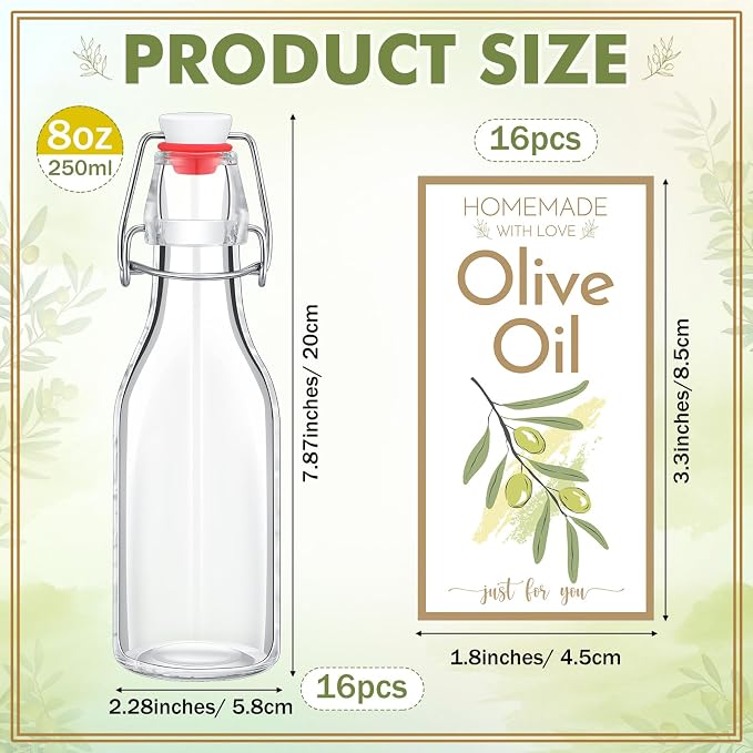 Havawish 16 Pcs 8 oz Mini Olive Oil Bottles Homemade Swing Top Clear Flip Top Bottles with Airtight Lids Labels for Storing Homemade Olive Oil Wedding Baby Shower Favors(Circle)