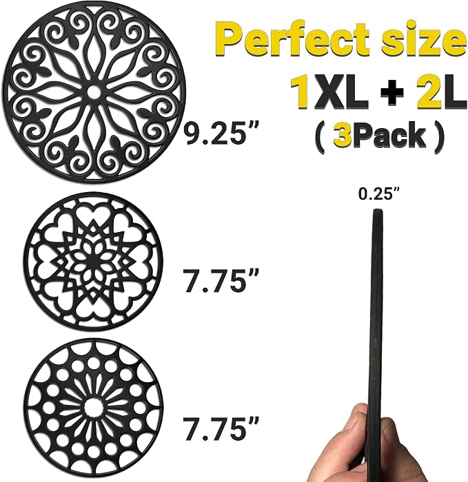 3 Set Silicone Trivet Mats with 1 Extra Large Included | Intricately Carved Insulated Flexible Durable Non Slip Thick Round Premium Trivets for Hot pots and Pans | Light Blue