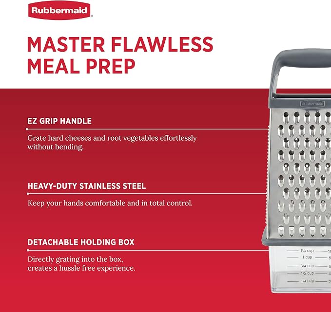 Rubbermaid EZ Grip Box Grater, Stainless Steel Cheese Grater & Container - BPA Free Multi-Surface Cheese Shredder & Food Grater Silver Blue | Graters for Kitchen -Non-Slip Base, Dishwasher Safe