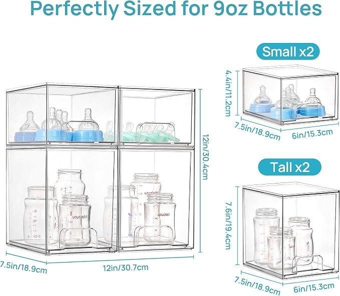 Vtopmart Clear Stackable Storage Drawers Set of 4, Baby Bottle Organizer | Multi-purpose Plastic Boxes Ideal for Kichen Countertop, Vanity, Bathroom, Cabinet, Pantry Organization