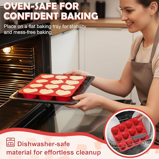 HKNMTT 2Pcs Silicone Heart Molds for Chocolate Muffin 12-Cavity Nonstick | 2.2 Inch，BPA-Free，Oven Safe Mold for Cakes Jello Soap Cupcake Dessert, Valentine's Day