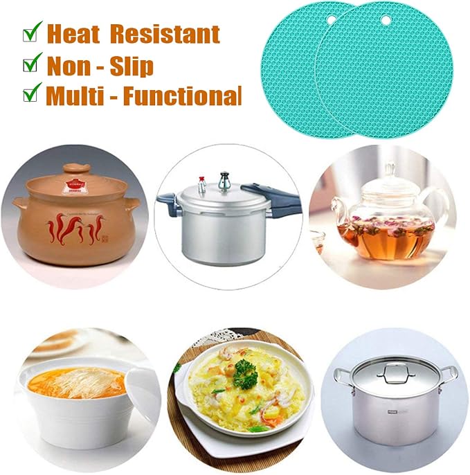 5 Pcs Round Silicone Trivets Pot Holder Mats,Extra Thick Heat Resistant Kitchen Countertop Mats,Honeycomb Rubber Hot Pads Trivets for Hot Dishes,Flexible Jar Opener Multi-Purpose Coasters Teal