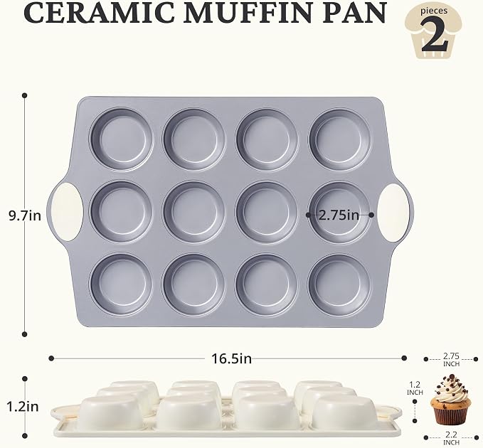 BRONYPRO Ceramic Muffin Pan, 12-Cup Nonstick Aluminized Steel Cupcake Pans, Healthy Non-Toxic Ceramic Coating Muffin tin, 2 Pack Cup Cake Pans for Baking Cream