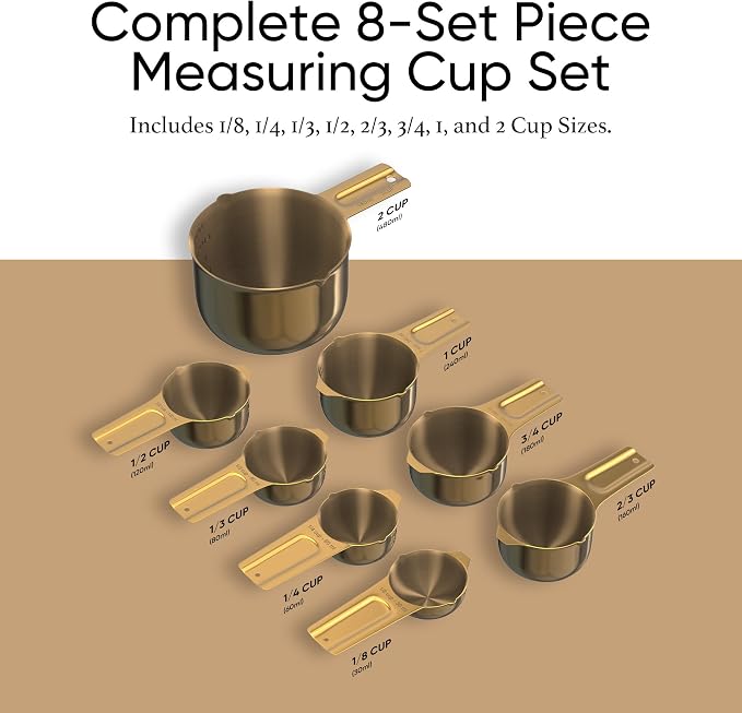 Color Up Measuring Cup Set, 8 Piece – Includes 2 Cup, Gold Finish, Stainless Steel, Accurate for Wet & Dry Ingredients, Embossed Markings, Easy-Pour Spouts, Dishwasher-Safe, Kitchen Essential