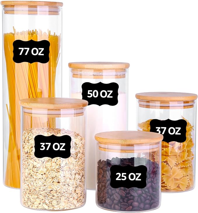 Glass Food Storage Jars, Food Containers with Airtight Bamboo Lids for Pasta, Cookies, Nuts, Coffee Beans, Cereal, Glass Canisters for Kitchen, Pantry Organization,Set of 5