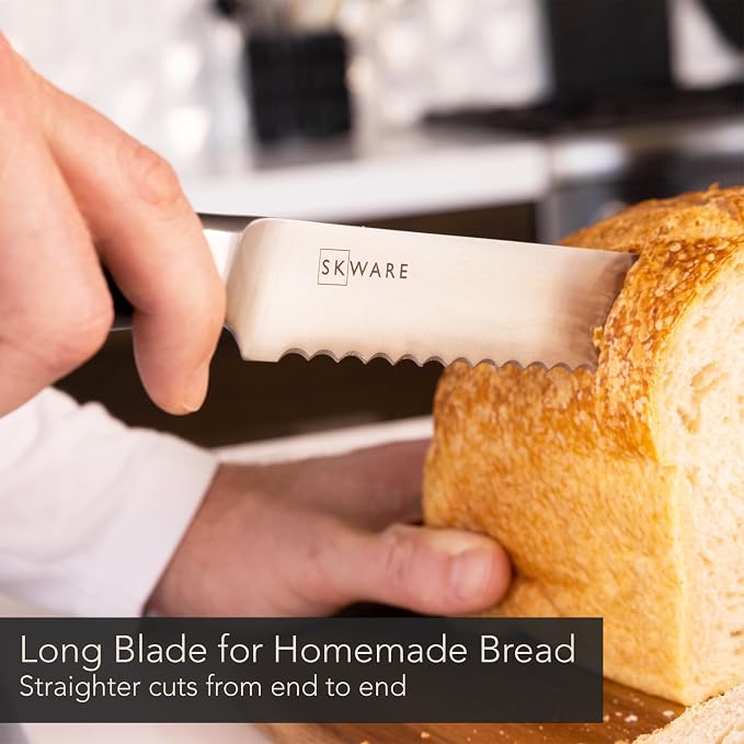 SKWARE Bread Knife - 10 Inch Long Bread Slicer Knife - Premium Serrated German Stainless Steel - Sharp, Deep, Wide Serrations for Optimal Bite - Black