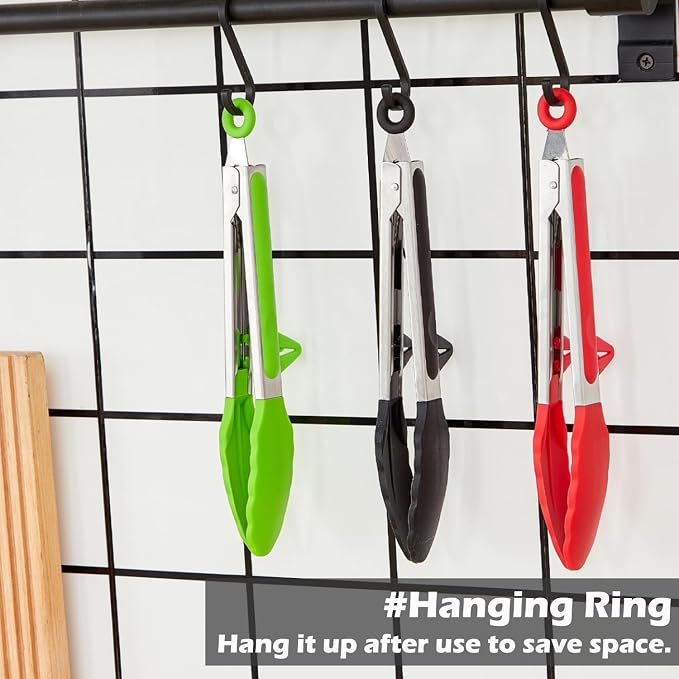 12" Kitchen Tongs, 3Pcs Tongs for Cooking with Silicone Tips, Food Grade Small Silicone Tong, Mini Serving Tongs for BBQ Salad(Black,Red,Green)