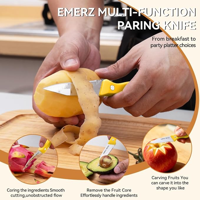 Paring Knives Set of 4,3.5inch, Stainless Steel Paring Knife,Ergonomic Handle,PP Triple Rivet,Sharp Small Cutting Knife for Peeling Coring Cutting,Yellow Pairing Knives for Fruit