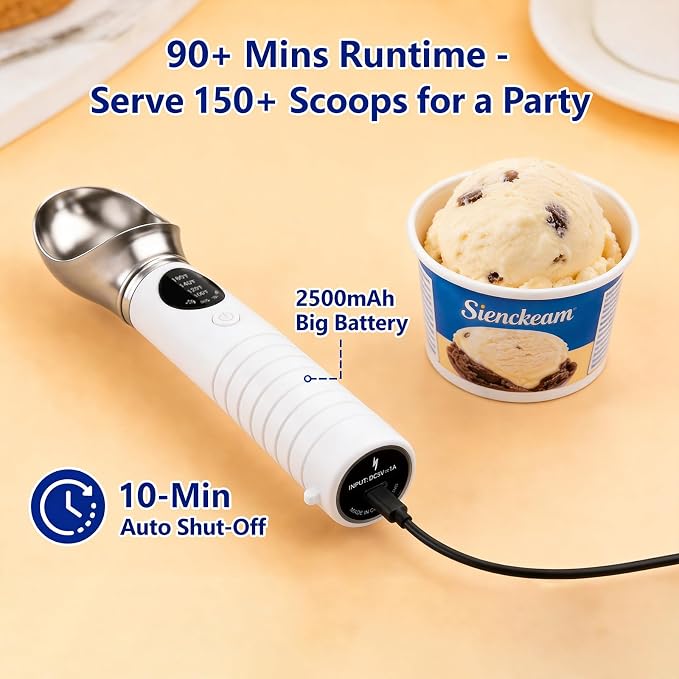 Heated Ice Cream Scoop Rechargeable, Electric Ice Cream Scooper with 4 Temp Modes & LED Display, Heats up to 160°F for Rock-Hard Ice Cream, IPX7 Waterproof Kitchen Gadget for Seniors & Kids (White)