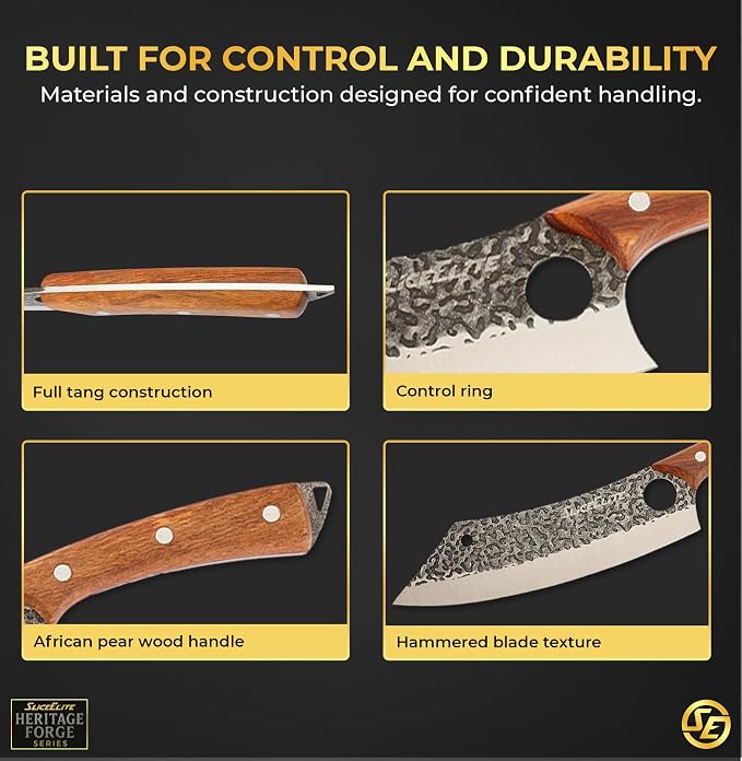 SliceElite Hand-Forged Professional Butcher Knife (6 PC SET WITH AFRICAN PEAR WOOD HANDLES)