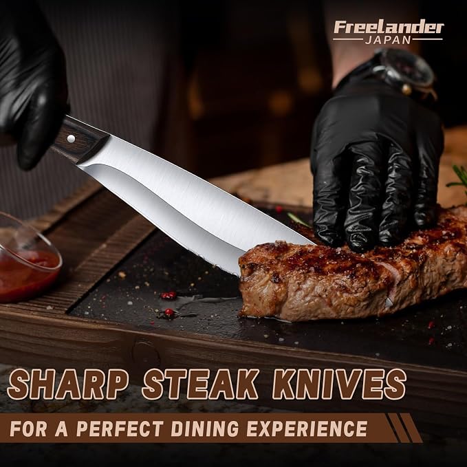Freelander Handmade Forged Steak Knives Set of 6, Serrated Cutters for Meat Cutting, Stainless Steel Steak Knife Set Blades with Wooden Handles, Elegant & Aesthetic Design