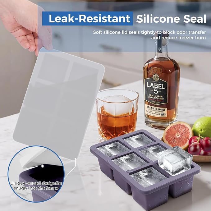 mossime Silicone Ice Cube Tray: 2pack Square Whiskey Large Ice Cube Molds - Old Fashioned Ice Cube Trays with Lid - 2inch Easy Release Big Freezer Mold for Cocktail Food Soup & Juice