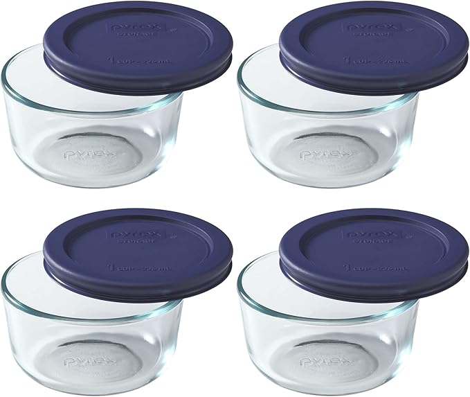 Pyrex 7202 (1-Cup) Glass Bowl with Dark Blue Lid (4-Pack) - Made in USA | BPA-Free Plastic Lid | Round Shape | Food Storage Replacement | Refrigerator & Freezer Safe | Resists Stains And Odors