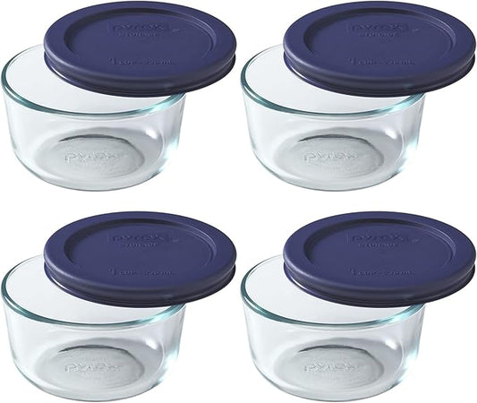 Pyrex 7202 (1-Cup) Glass Bowl with Dark Blue Lid (4-Pack) - Made in USA | BPA-Free Plastic Lid | Round Shape | Food Storage Replacement | Refrigerator & Freezer Safe | Resists Stains And Odors